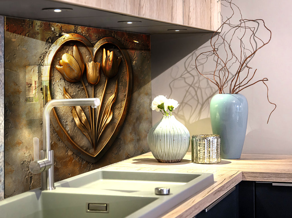 Golden Tulip Heart - Glass Kitchen Backsplash-BacksplashArtworks