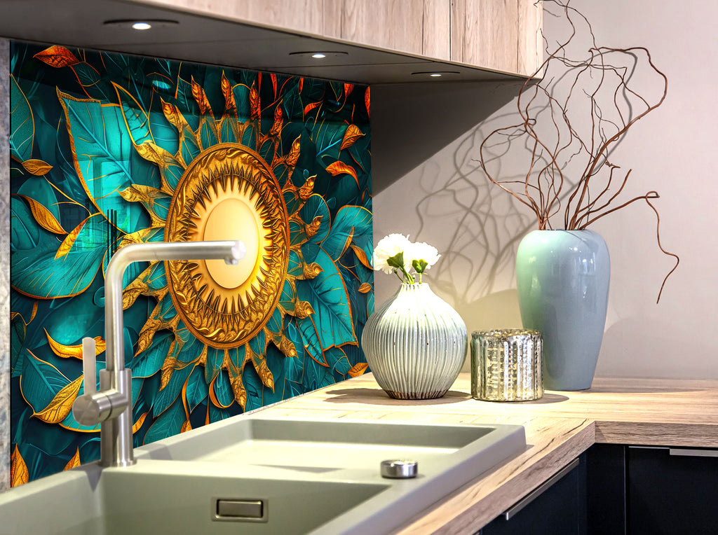 Golden Sun Mandala - Glass Kitchen Backsplash-BacksplashArtworks
