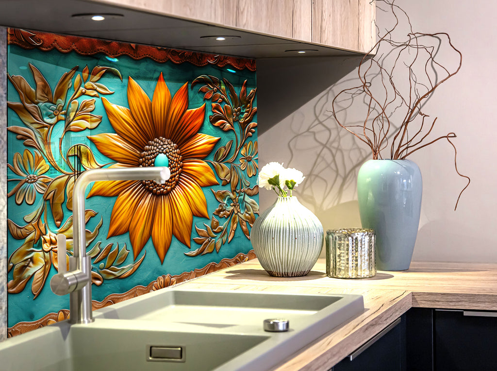 Rustic Sunflower Bloom - Glass Kitchen Backsplash-BacksplashArtworks