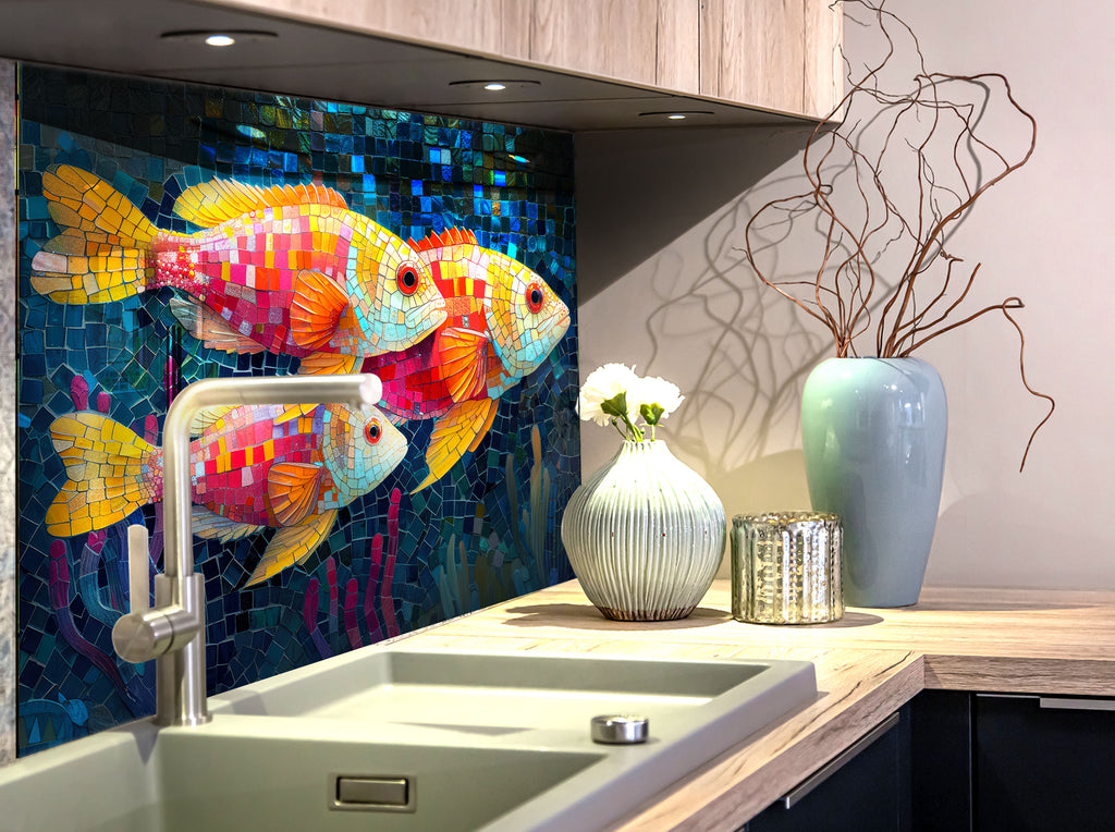 Mosaic-Inspired Tempered Glass Kitchen Backsplash with Colorful Fish Design-BacksplashArtworks