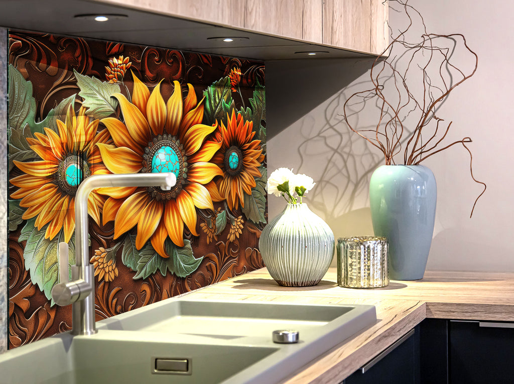 Rustic Sunflower Trio - Glass Kitchen Backsplash-BacksplashArtworks