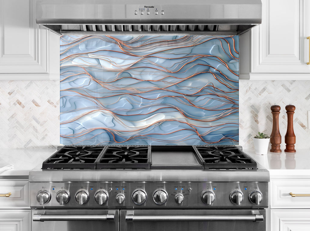 Wave Texture Blue & Copper - Glass Kitchen Backsplash-BacksplashArtworks