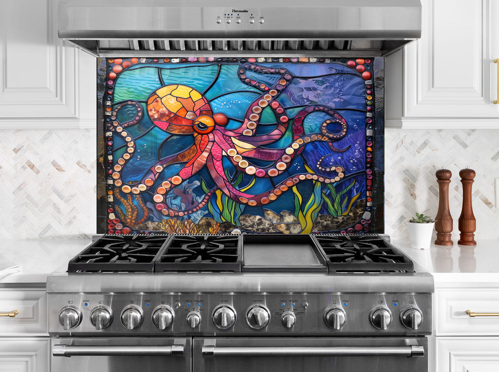 Stained Octopus – Glass Kitchen Backsplash-BacksplashArtworks