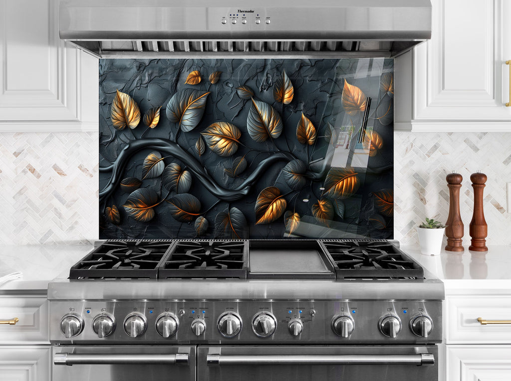Golden Autumn Leaves - Glass Kitchen Backsplash-BacksplashArtworks