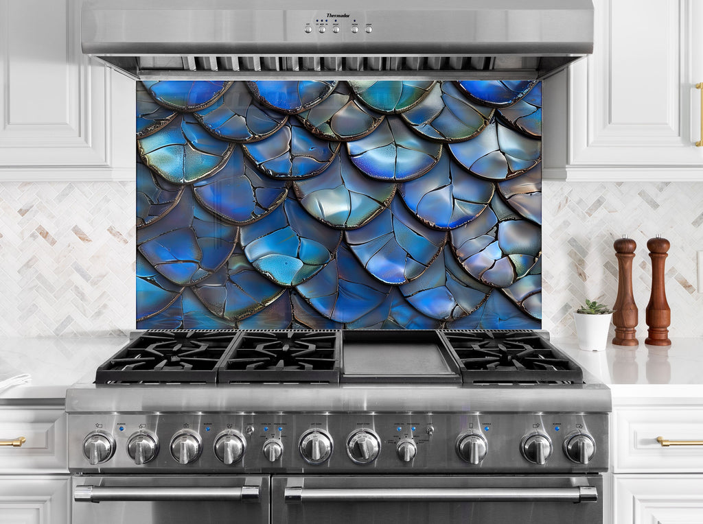 Iridescent Blue Dragon Scale - Glass Kitchen Backsplash-BacksplashArtworks