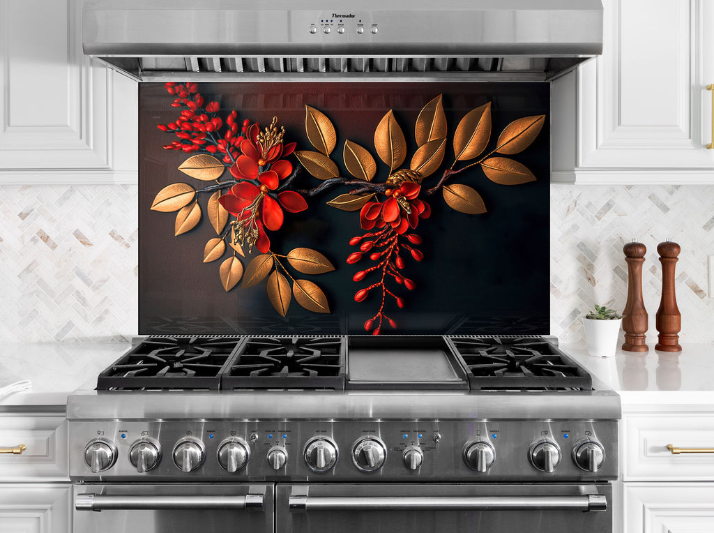 Golden Scarlet Bloom - Glass Kitchen Backsplash-BacksplashArtworks