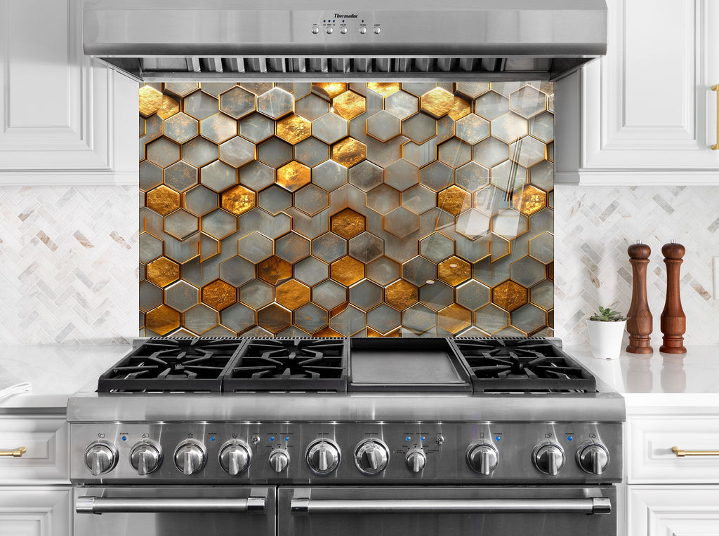 Golden Hexagon - Glass Kitchen Backsplash-BacksplashArtworks