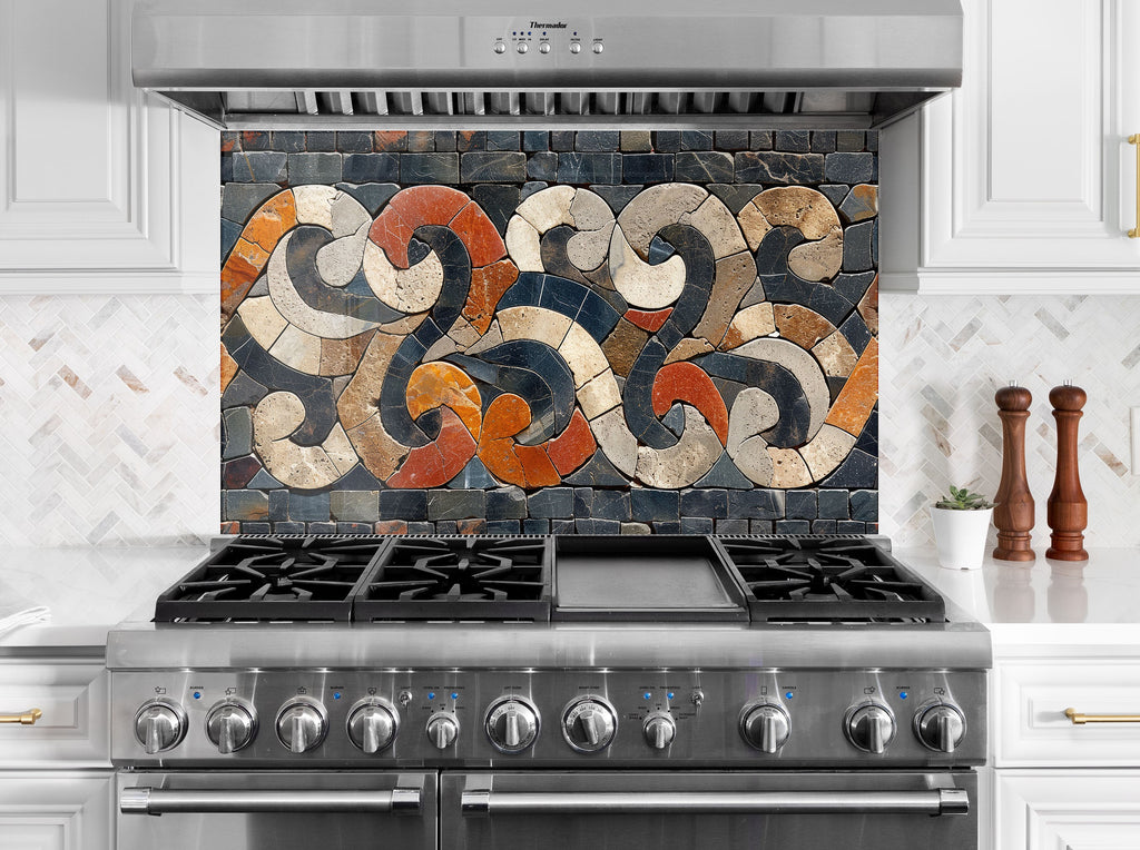 Mosaic Tempered Glass Kitchen Backsplash with Geometric Swirl Design-BacksplashArtworks