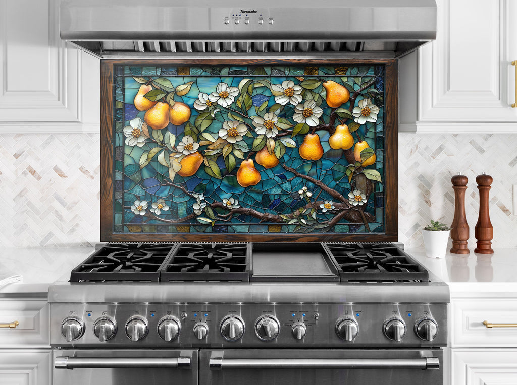 Golden Pear Stained Glass - Glass Kitchen Backsplash-BacksplashArtworks