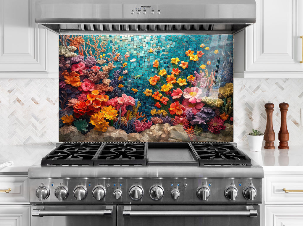 Mosaic-Inspired Tempered Glass Kitchen Backsplash with Colorful Coral Reef Design-BacksplashArtworks