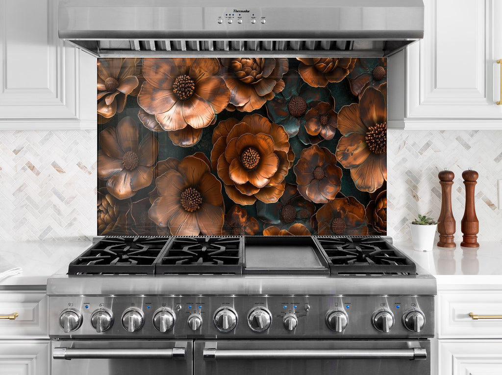 Rustic Metal Floral Art - Glass Kitchen Backsplash-BacksplashArtworks