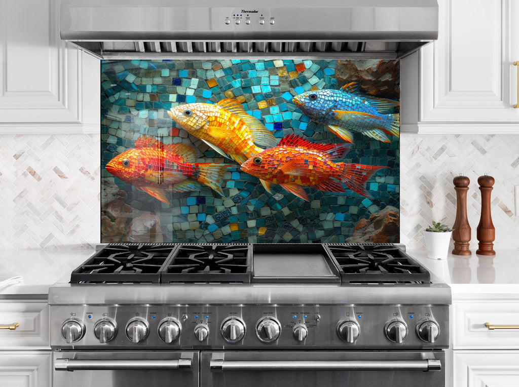 Mosaic-Inspired Glass Kitchen Backsplash with Colorful Fish Design-BacksplashArtworks