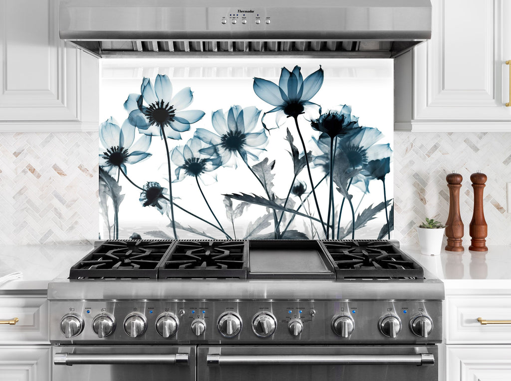 Monochrome Wildflower Elegance - Glass Kitchen Backsplash-BacksplashArtworks
