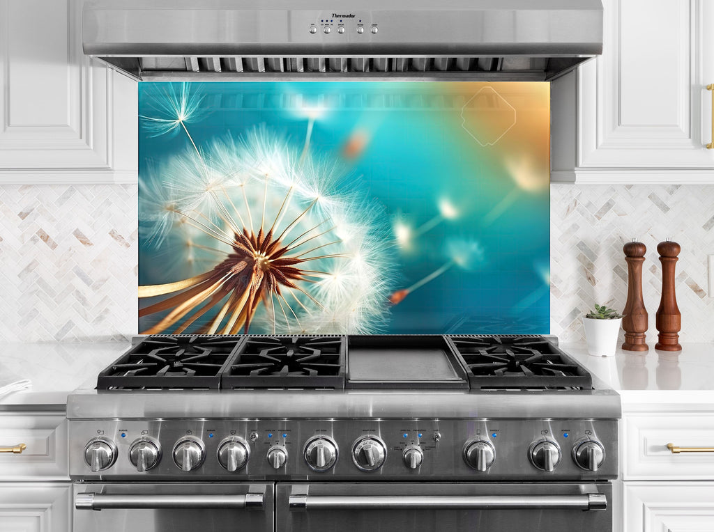 Golden Dandelion Breeze - Glass Kitchen Backsplash-BacksplashArtworks