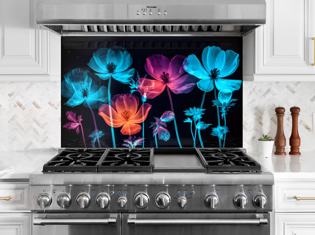 Neon Floral Glow - Glass Kitchen Backsplash-BacksplashArtworks