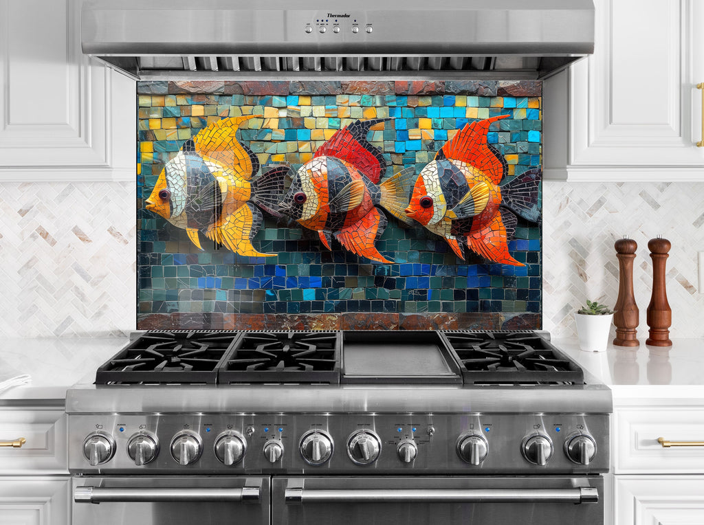 Mosaic-Inspired Glass Kitchen Backsplash with Colored Fish Design-BacksplashArtworks