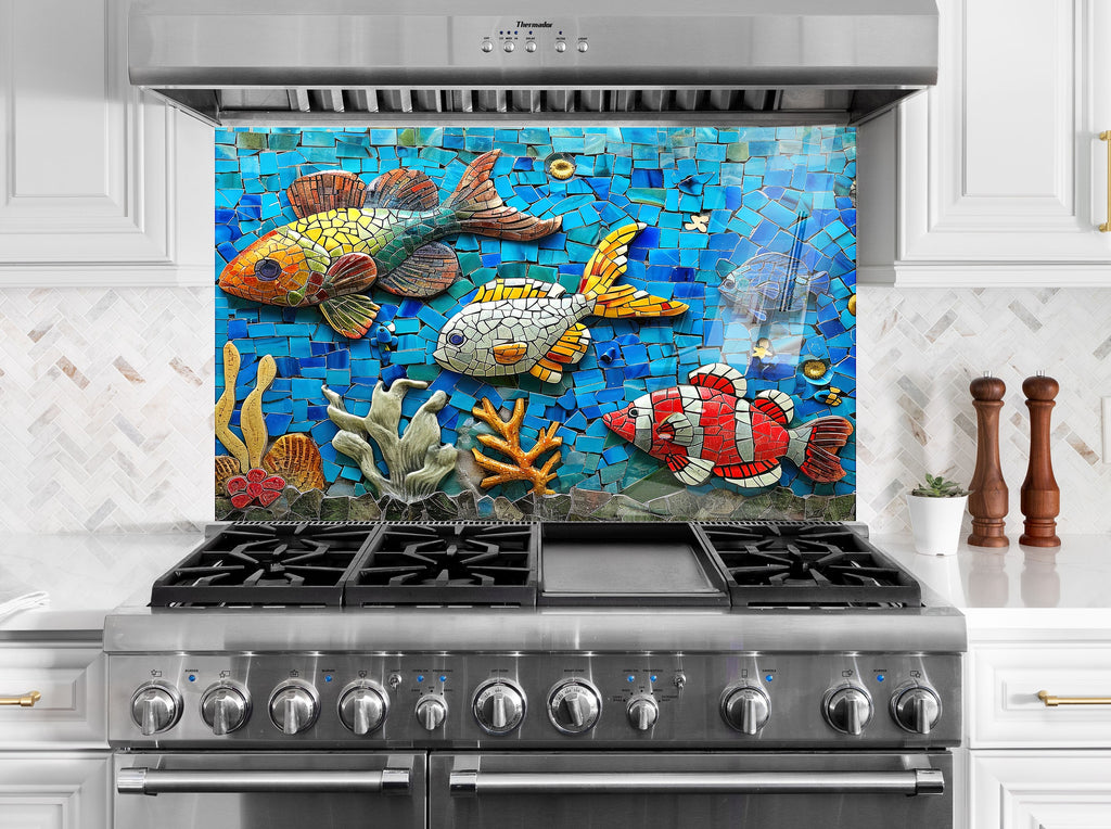 Mosaic Tempered Glass Kitchen Backsplash with Colorful Fish and Coral Design-BacksplashArtworks