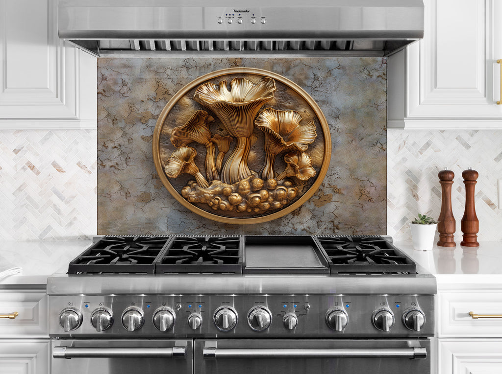 Golden Mushroom Carving - Glass Kitchen Backsplash-BacksplashArtworks