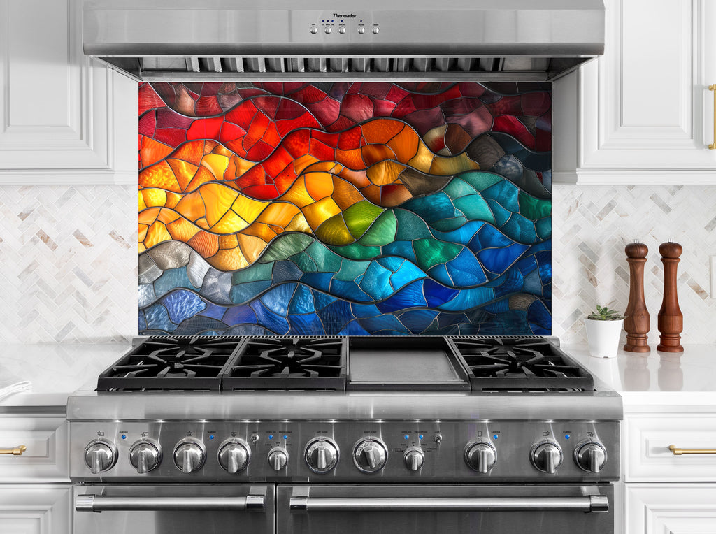 Rainbow Waves Stained - Glass Kitchen Backsplash-BacksplashArtworks