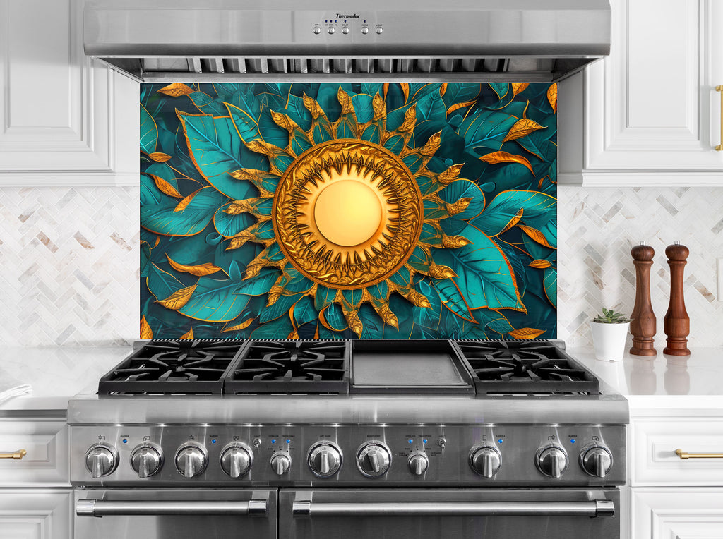 Golden Sun Mandala - Glass Kitchen Backsplash-BacksplashArtworks