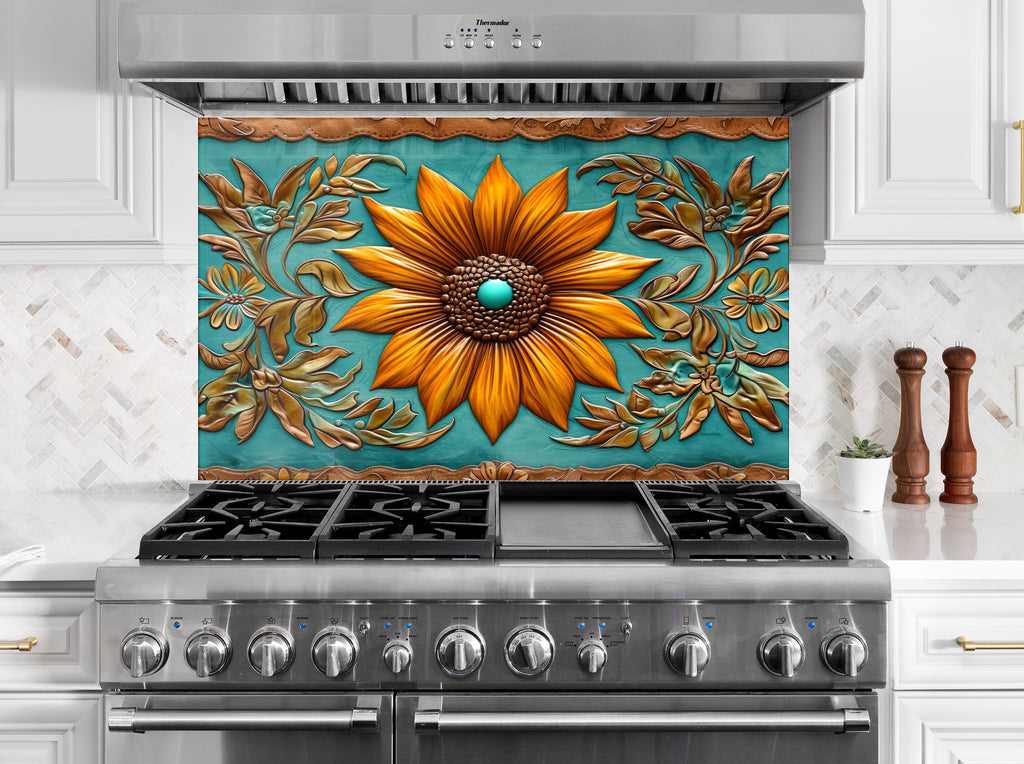 Rustic Sunflower Bloom - Glass Kitchen Backsplash-BacksplashArtworks