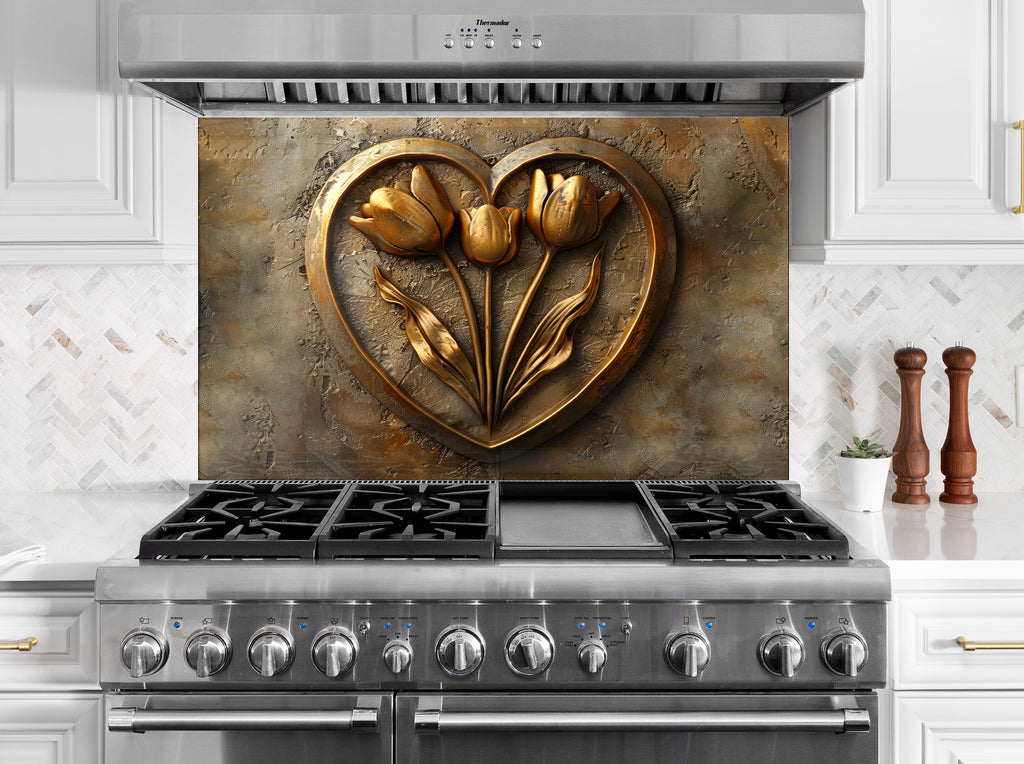 Golden Tulip Heart - Glass Kitchen Backsplash-BacksplashArtworks
