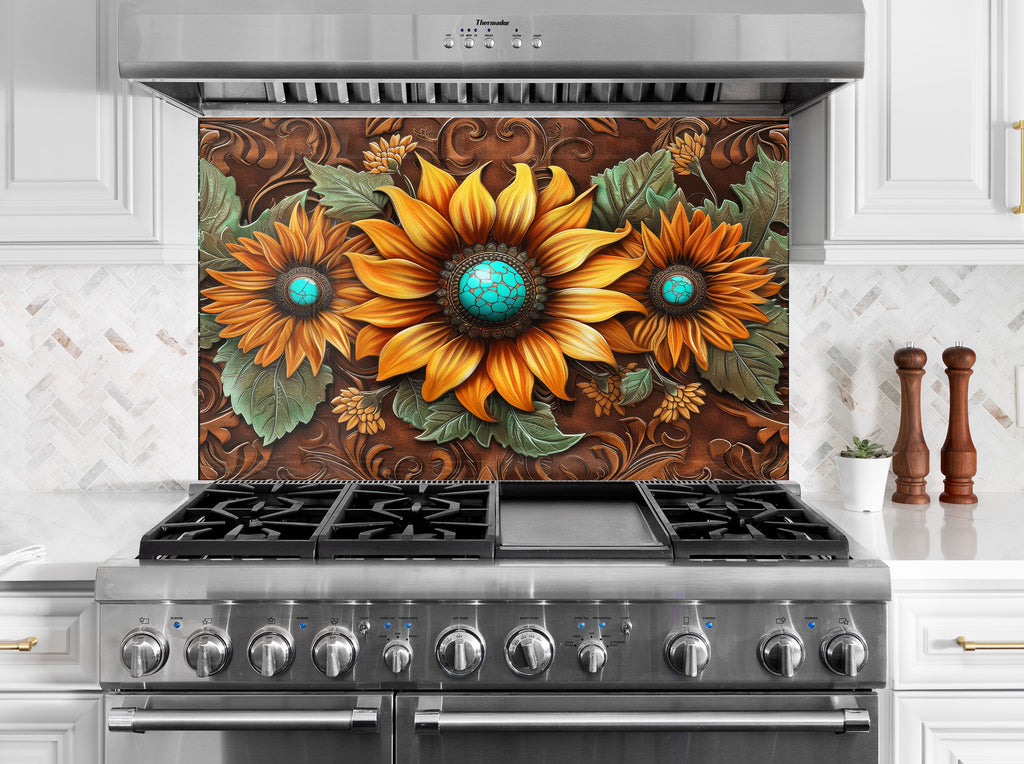 Rustic Sunflower Trio - Glass Kitchen Backsplash-BacksplashArtworks