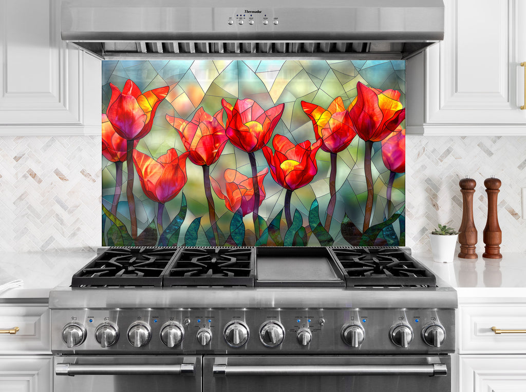 Stained Glass Tulips - Glass Kitchen Backsplash-BacksplashArtworks