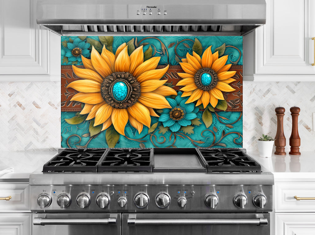 Turquoise Sunflower Radiance - Glass Kitchen Backsplash-BacksplashArtworks