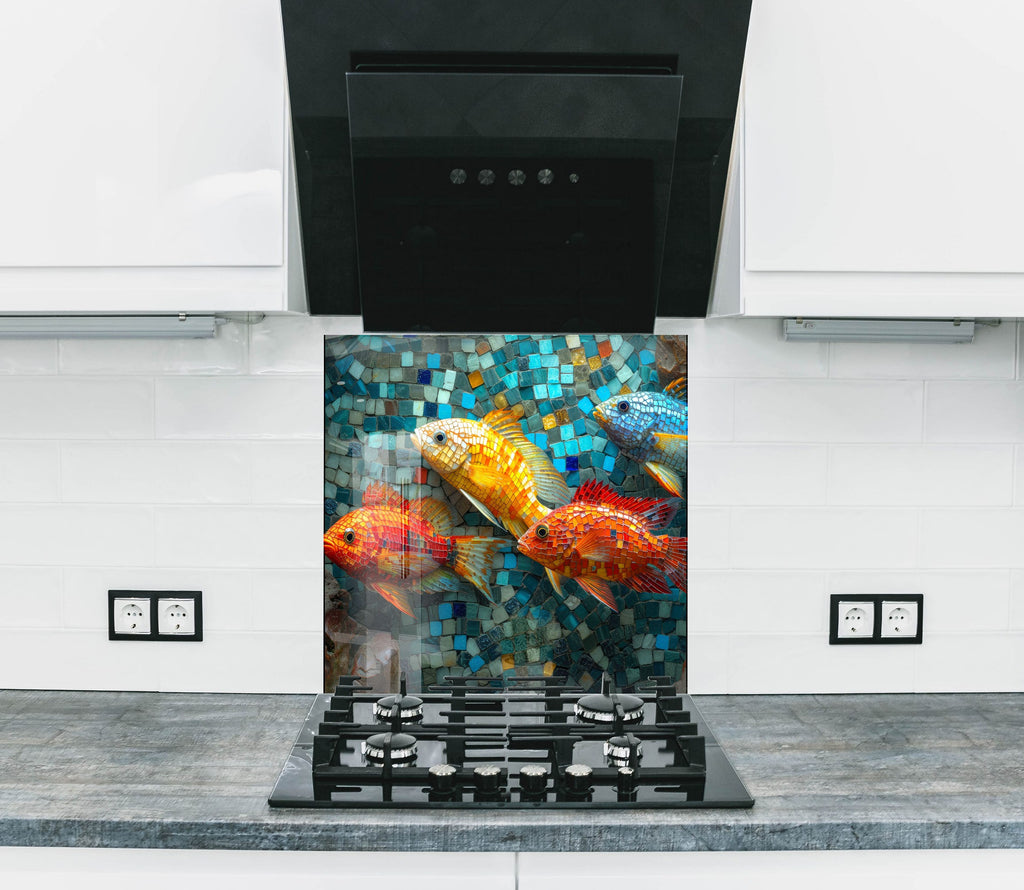 Mosaic-Inspired Glass Kitchen Backsplash with Colorful Fish Design-BacksplashArtworks