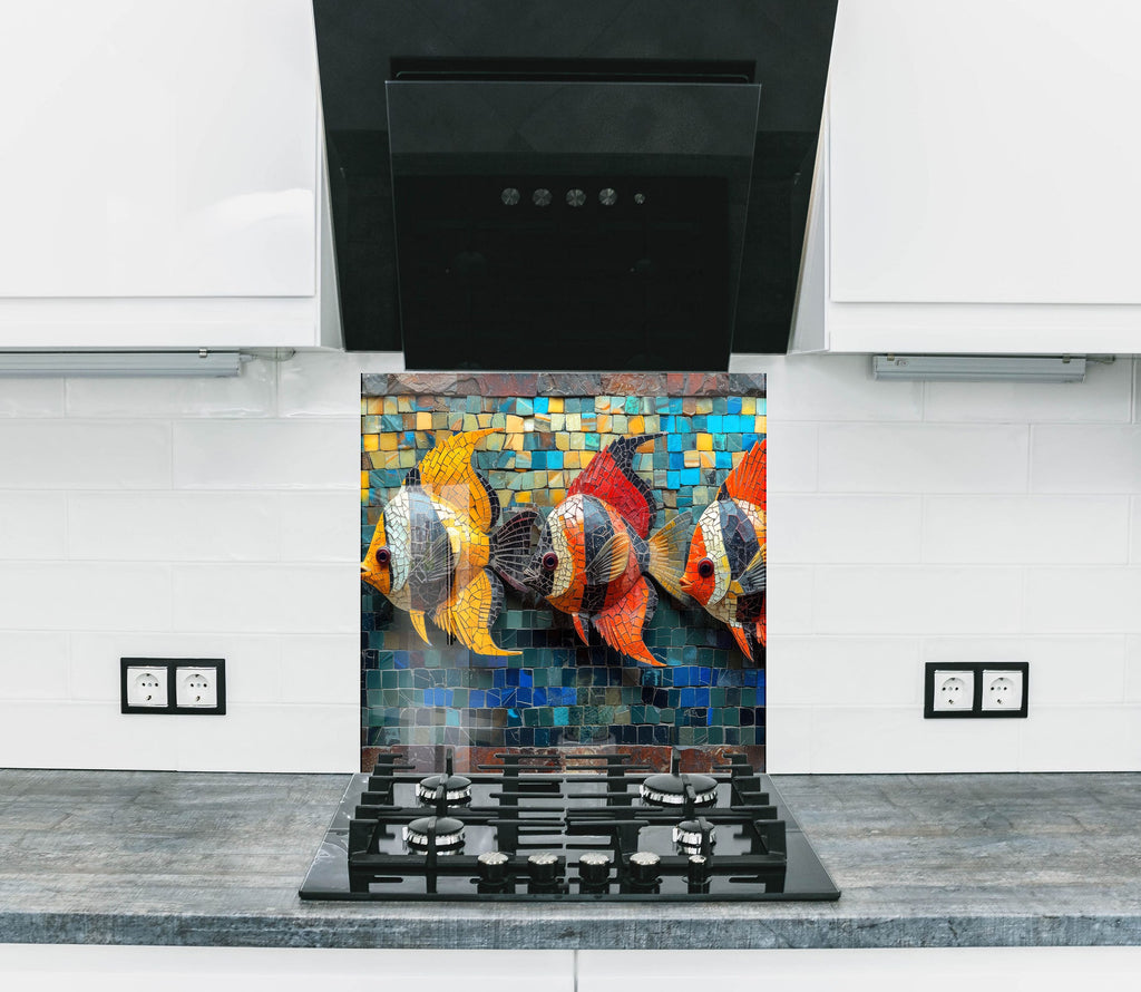 Mosaic-Inspired Glass Kitchen Backsplash with Colored Fish Design-BacksplashArtworks