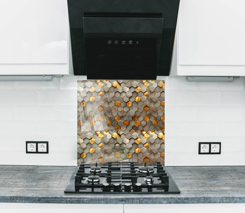 Golden Hexagon - Glass Kitchen Backsplash-BacksplashArtworks
