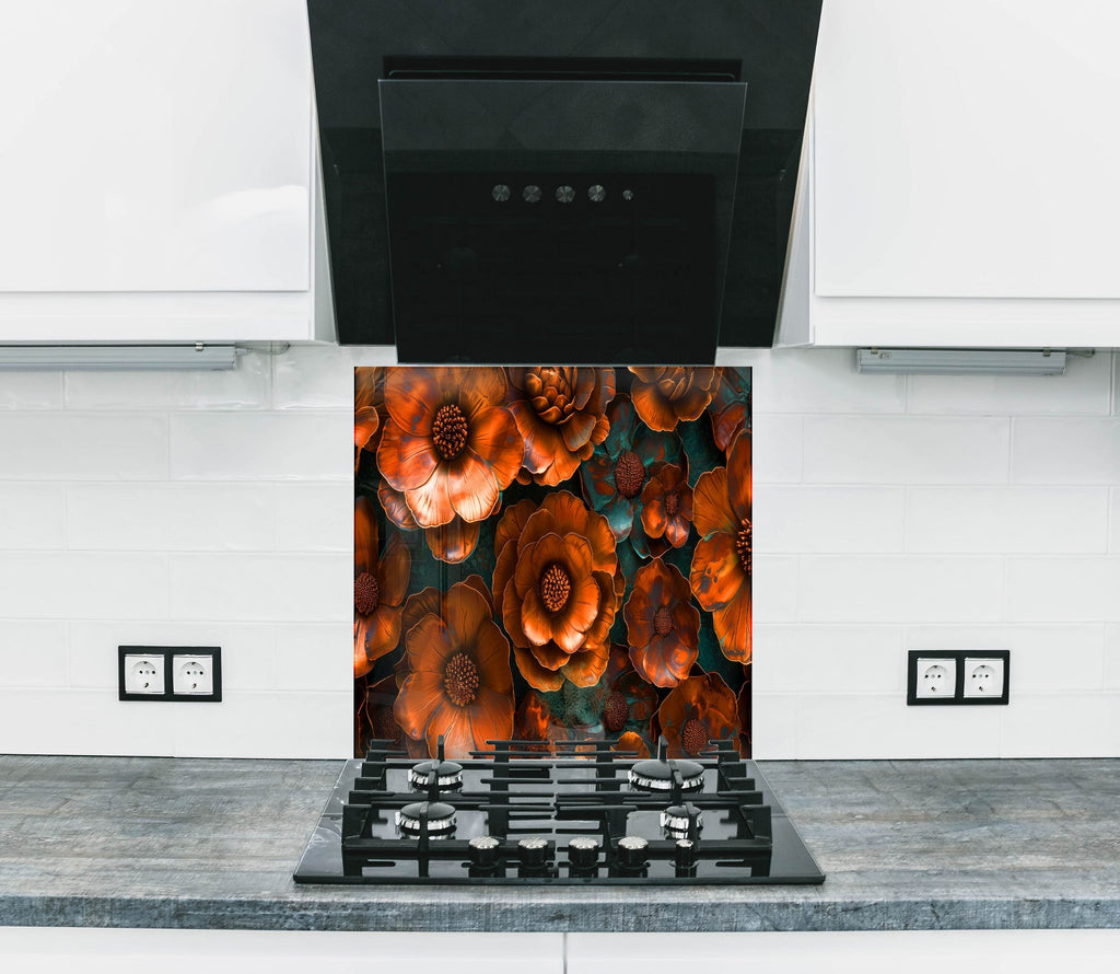 Rustic Metal Floral Art - Glass Kitchen Backsplash-BacksplashArtworks