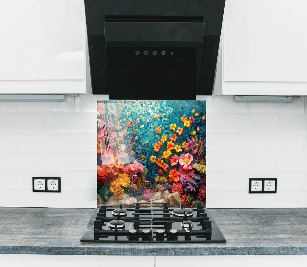 Mosaic-Inspired Tempered Glass Kitchen Backsplash with Colorful Coral Reef Design-BacksplashArtworks