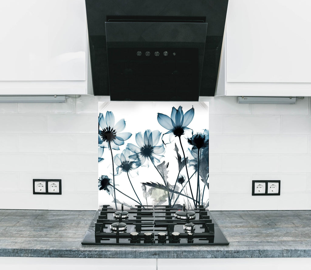 Monochrome Wildflower Elegance - Glass Kitchen Backsplash-BacksplashArtworks