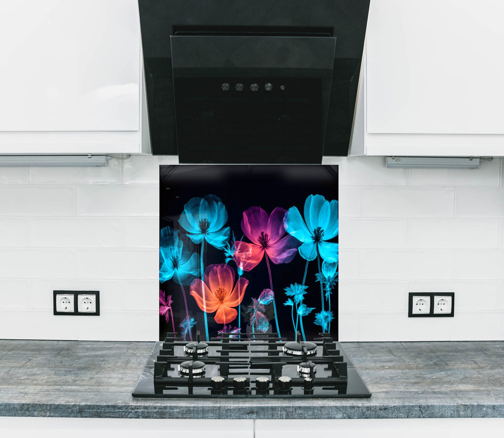 Neon Floral Glow - Glass Kitchen Backsplash-BacksplashArtworks