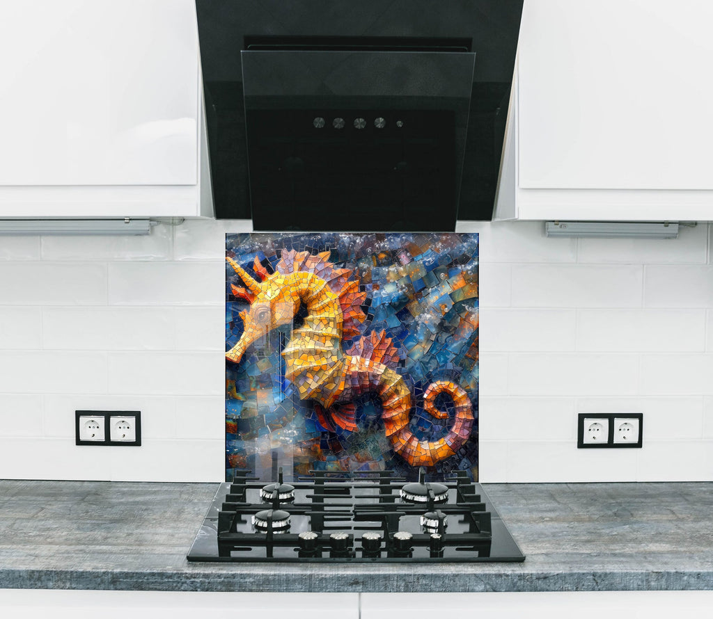 Mosaic-Inspired Tempered Glass Kitchen Backsplash with Seahorse Design-BacksplashArtworks