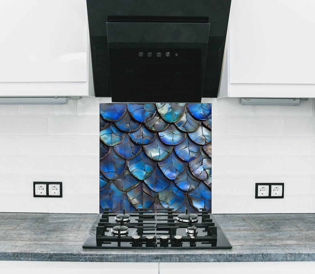 Iridescent Blue Dragon Scale - Glass Kitchen Backsplash-BacksplashArtworks