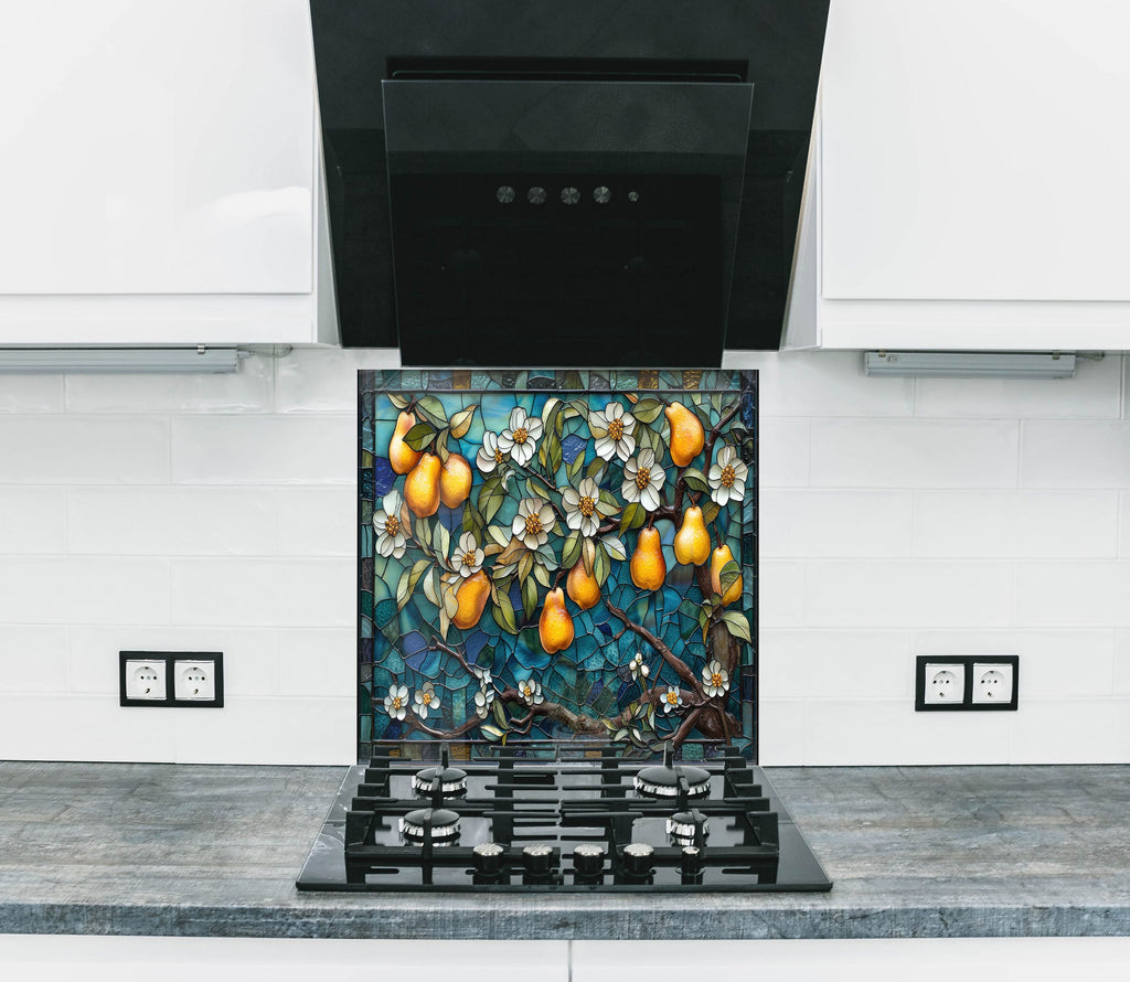 Golden Pear Stained Glass - Glass Kitchen Backsplash-BacksplashArtworks