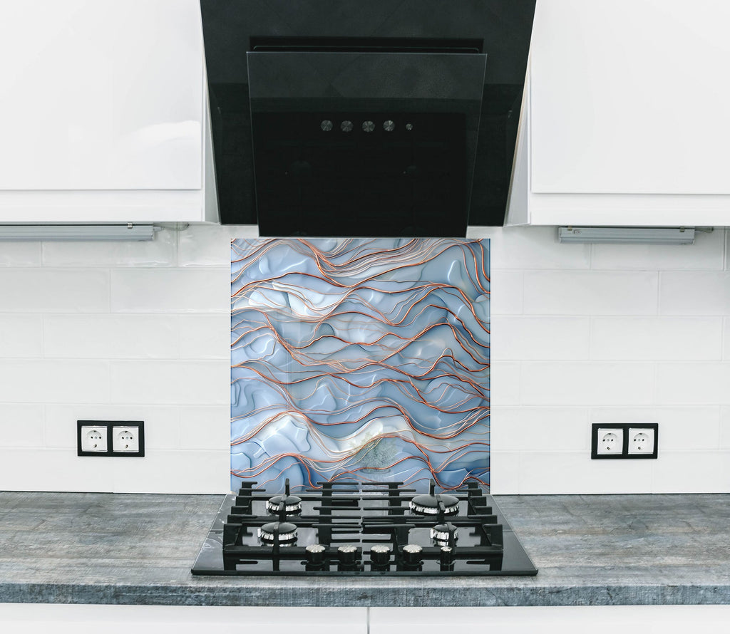 Wave Texture Blue & Copper - Glass Kitchen Backsplash-BacksplashArtworks