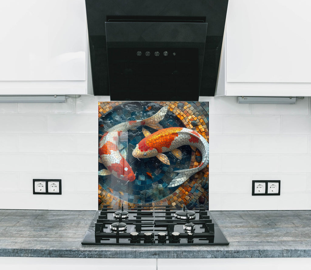 Mosaic-Inspired Glass Kitchen Backsplash with Koi Fish Design-BacksplashArtworks