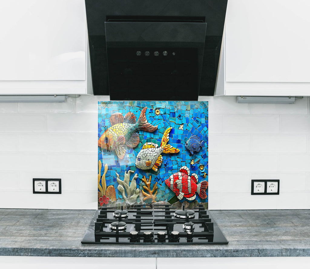 Mosaic Tempered Glass Kitchen Backsplash with Colorful Fish and Coral Design-BacksplashArtworks