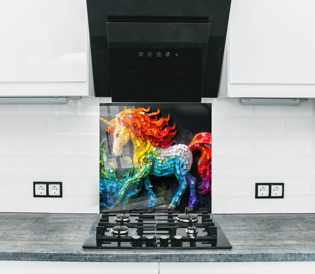 Mosaic Tempered Glass Kitchen Backsplash with Colorful Unicorn Design-BacksplashArtworks