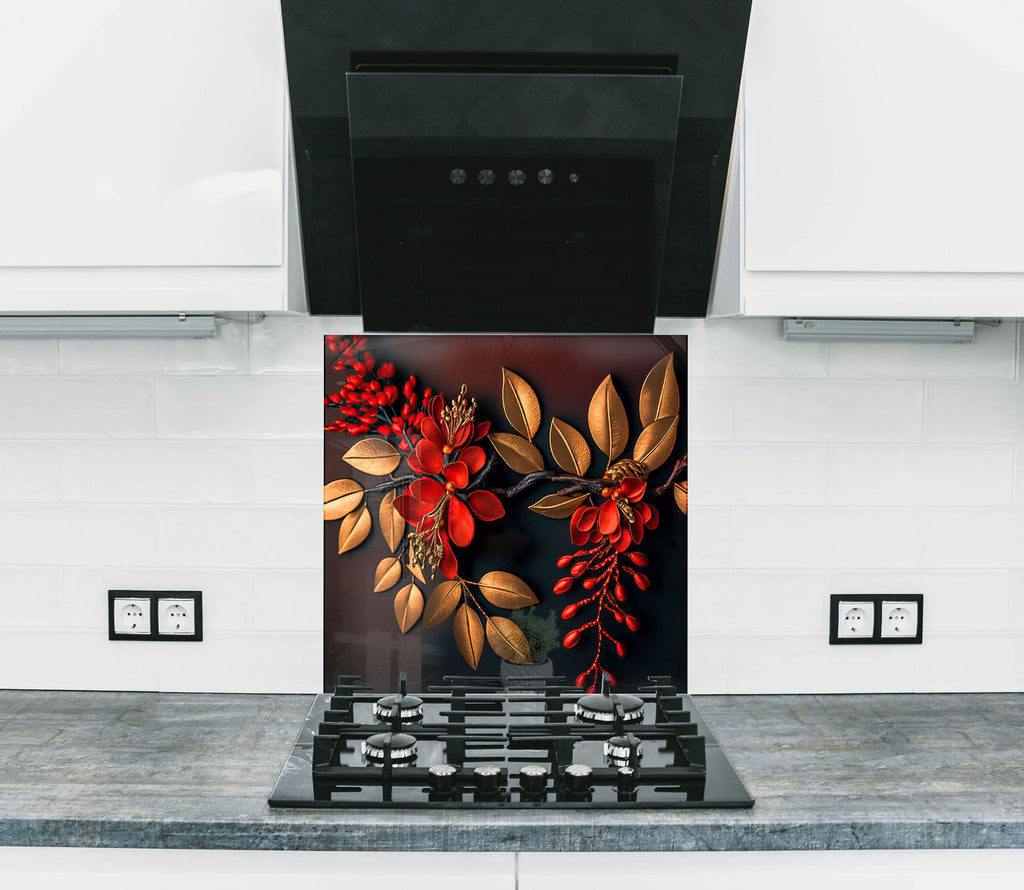 Golden Scarlet Bloom - Glass Kitchen Backsplash-BacksplashArtworks