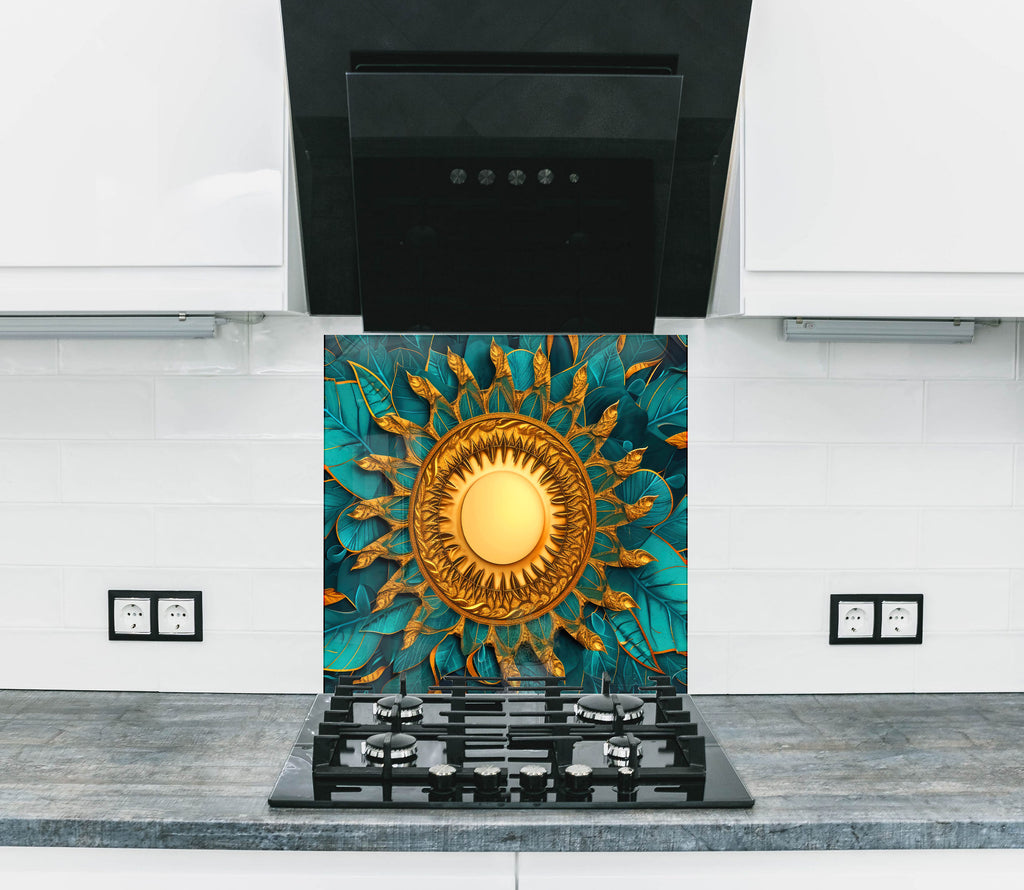 Golden Sun Mandala - Glass Kitchen Backsplash-BacksplashArtworks