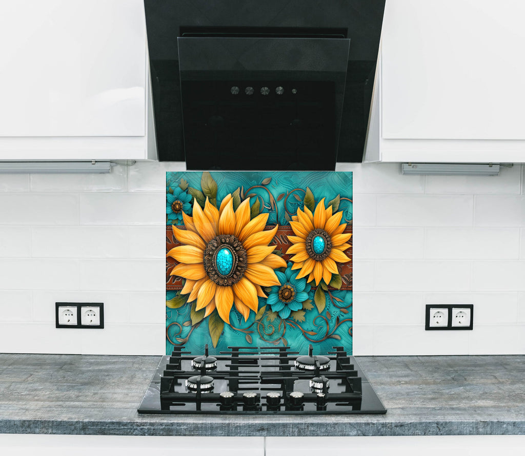 Turquoise Sunflower Radiance - Glass Kitchen Backsplash-BacksplashArtworks