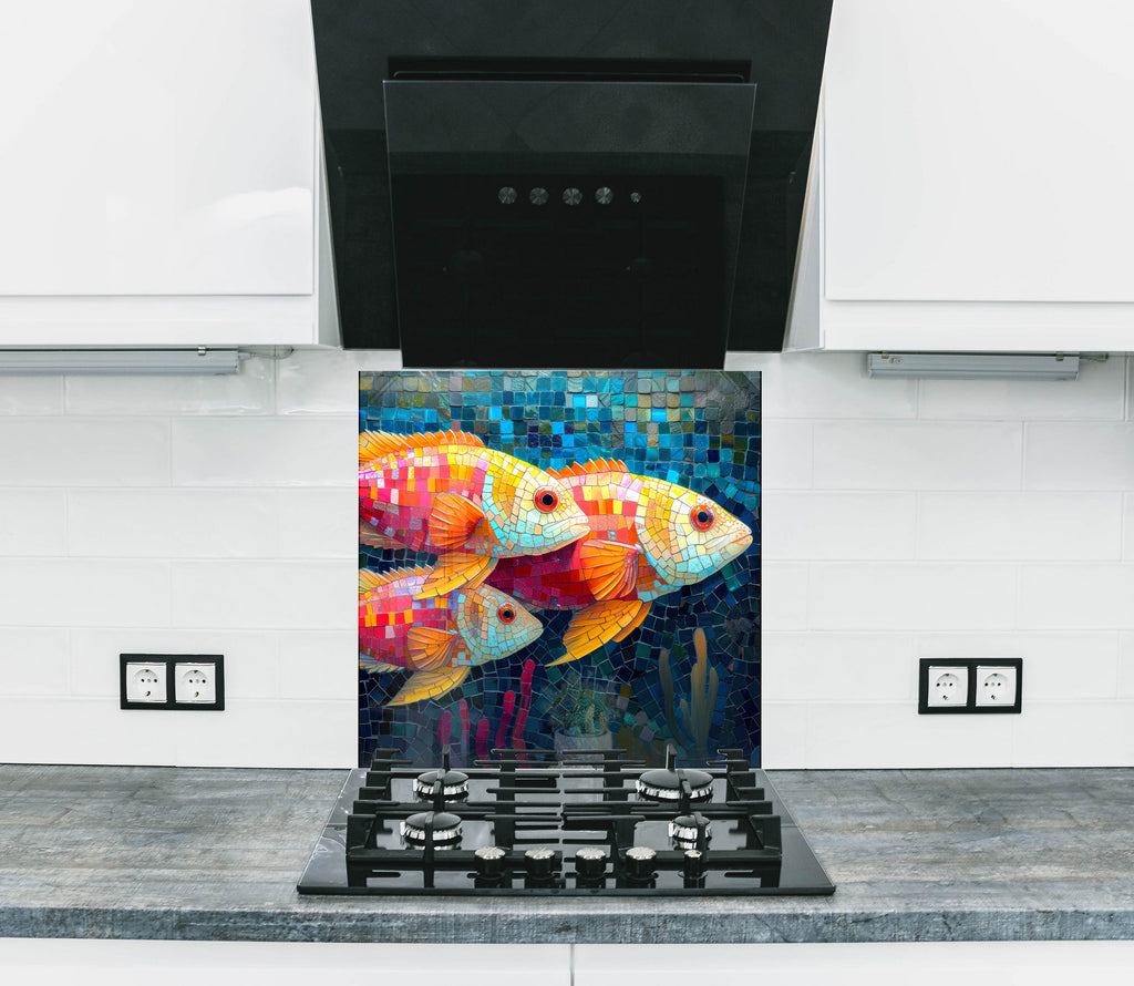 Mosaic-Inspired Tempered Glass Kitchen Backsplash with Colorful Fish Design-BacksplashArtworks