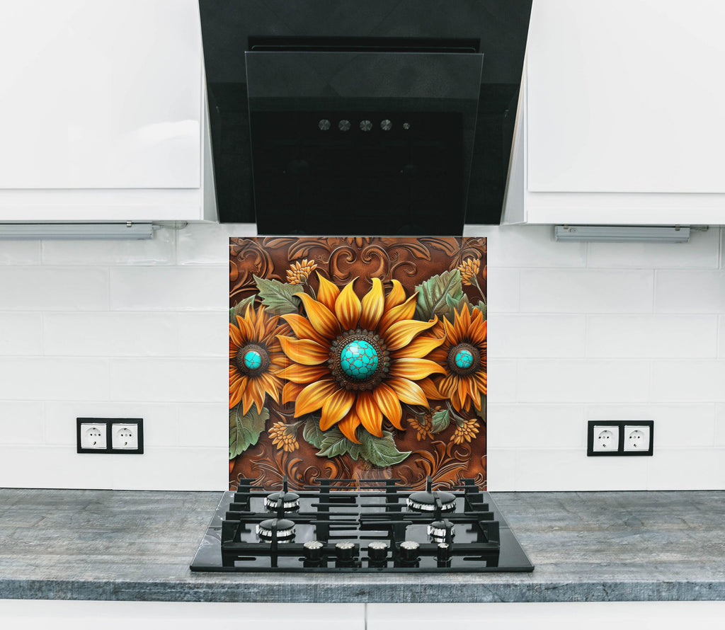 Rustic Sunflower Trio - Glass Kitchen Backsplash-BacksplashArtworks