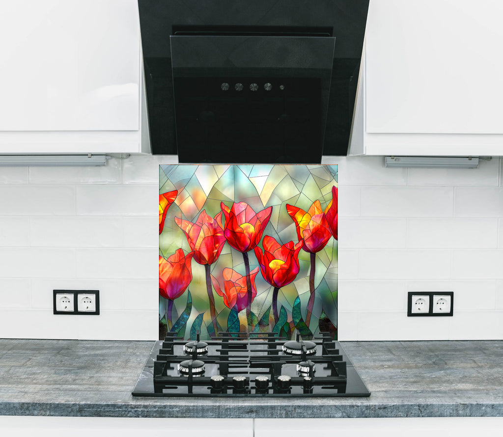Stained Glass Tulips - Glass Kitchen Backsplash-BacksplashArtworks