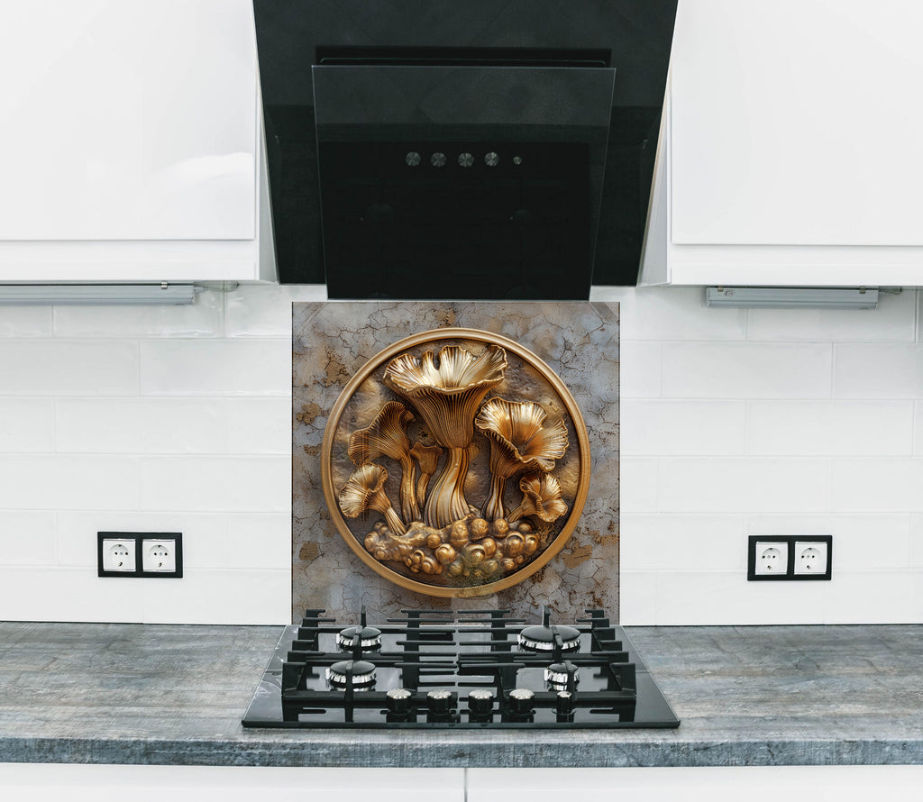 Golden Mushroom Carving - Glass Kitchen Backsplash-BacksplashArtworks